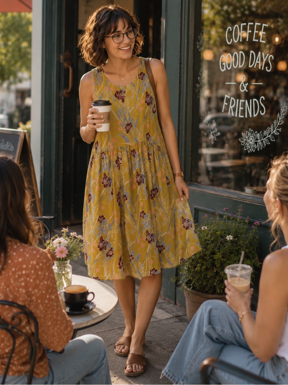 Xhilaration Floral Dress Large Mustard Yellow Sleeveless Flowy Tiered Boho